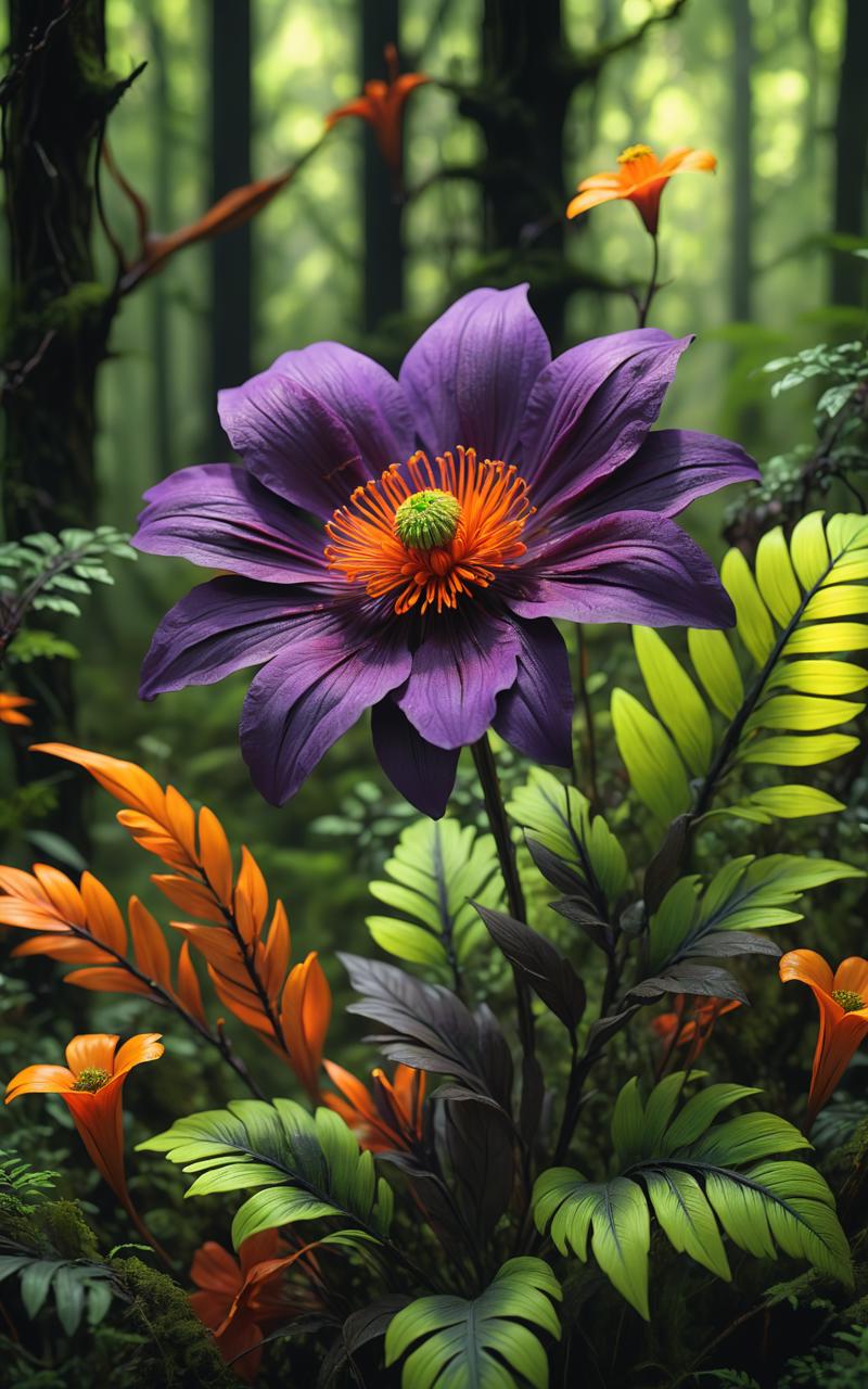 08914-1828380994-A beautiful purple flower in a dark forest, in the style of hyper-realistic sculptures, dark orange and green, post-apocalyptic.png